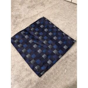 Vintage Pocket Square Men OS Blue Geometric Grid 100% Silk Handmade Formal